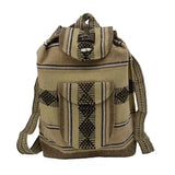 Oatmeal Baja backpack in beige with geometric pattern and a front pocket.