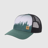 Lavender gradient crown trucker hat with green brim and pine forest silhouette; black mesh back.