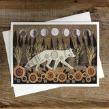Decorative greeting card with a white patterned fox walking through a forest of tall plants and orange flowers under a row of moon phases.