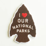 I love OUR NATIONAL PARKS patch in brown with white text and a red heart