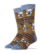 Pair of Long Horn Summer crew socks in brown with blue accents and longhorn motifs.