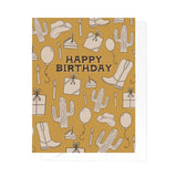 Happy Birthday card in mustard yellow with hand drawn birthday icons including boots cacti gifts and cake.