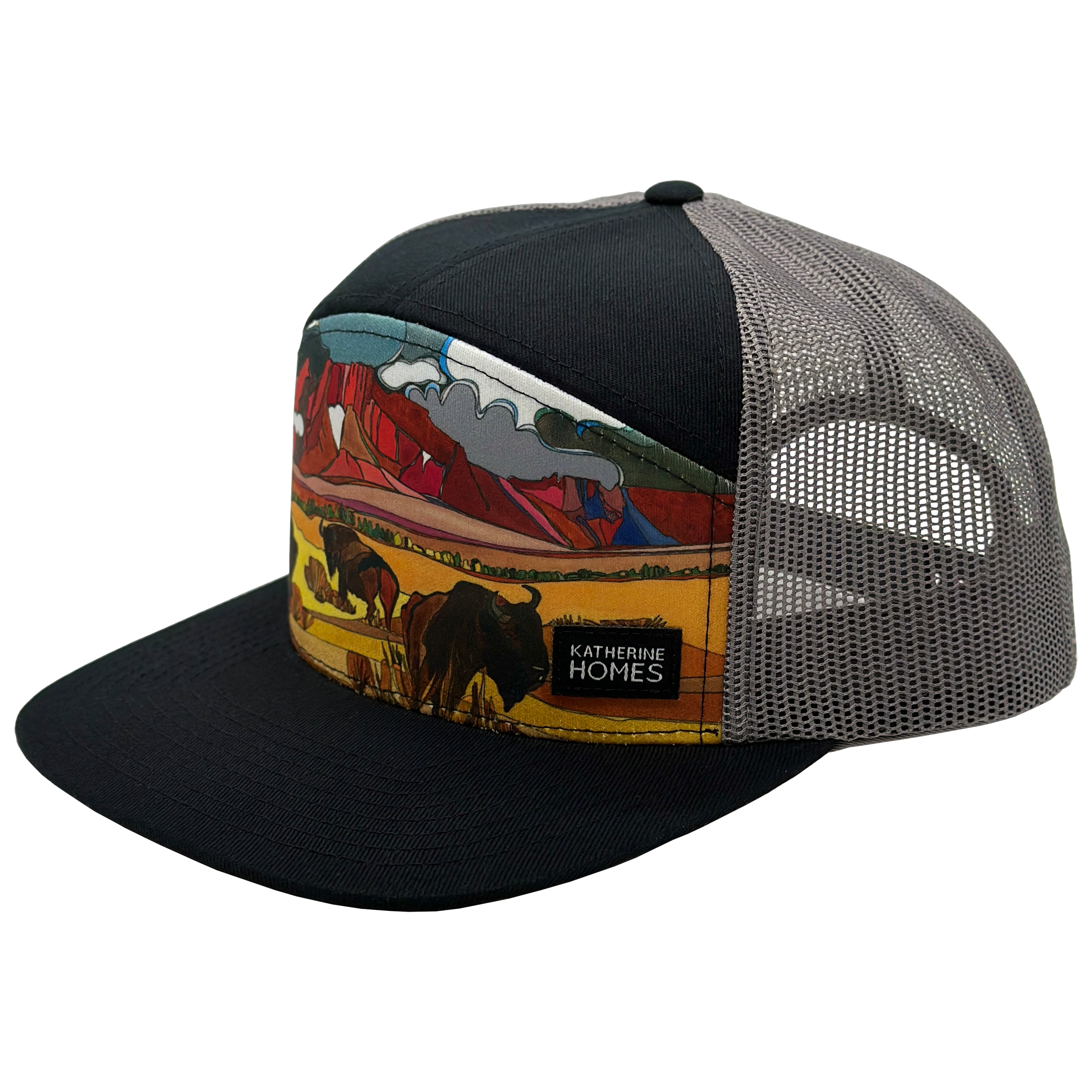 Bison & Prairielands | Black & Grey | 7 Panel Hat