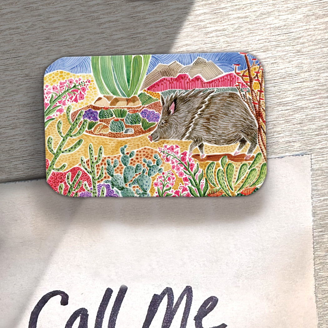 Javelina Desert Scene Wood Magnet