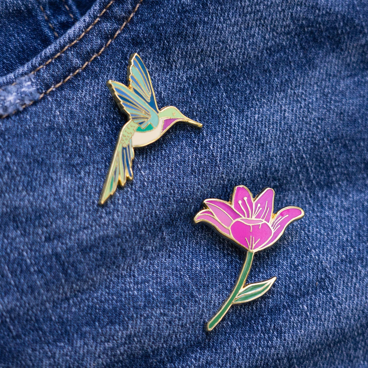 Hummingbird & Pink Lily Flower Pin Set