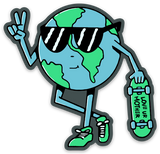 Love Your Mother magnet showing a globe with sunglasses and a skateboard