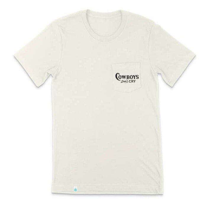 Front view of a cream Cowboys Don't Cry tee with a small chest pocket logo.