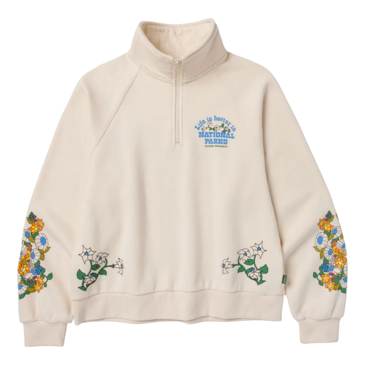 An off-white quarter-zip sweatshirt featuring blue and yellow floral embroidery on the chest and sleeves, with a 'Wild Life National Fisheries' logo on the left chest.