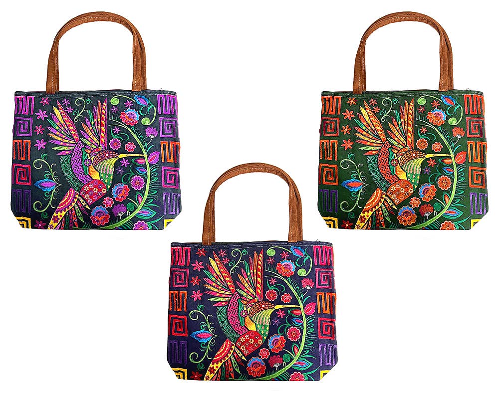Embroidered Floral Hummingbird 2 Large Suede Purse Tote Bag