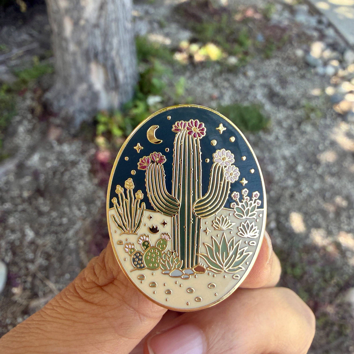 Desert Cactus Enamel Pin – Night Desert Botanical Lapel Pin
