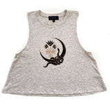 Grey sleeveless crop tank top with a tan and black snake and palm plant graphic on the front