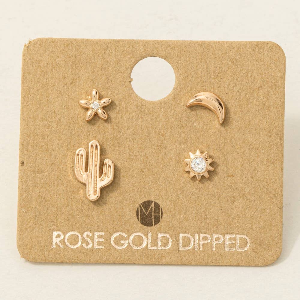 Gold Dipped Mini Cactus Flower Stud Earrings Set