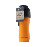 Orange dog travel water bottle with black cap and attached tag reading 2-In-1 Water Bottle