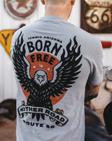 Back view of a gray Born Free Route 66 tee featuring a bold eagle graphic