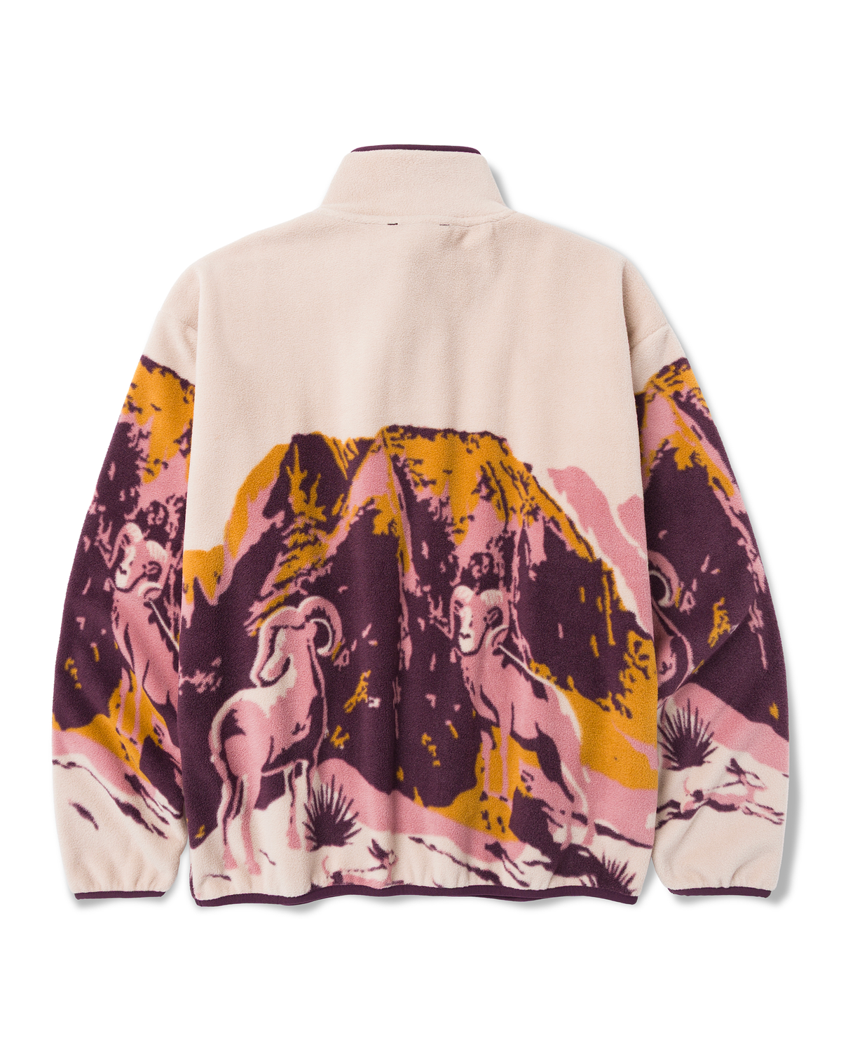Back view of beige fleece featuring purple trim and a vivid multicolor mountain print on the sleeves
