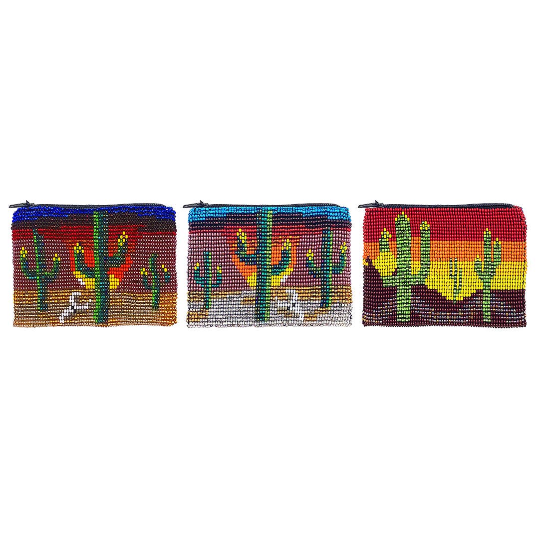 Beaded Desert Cactus Sunset Seed Bead Coin Purse Pouch