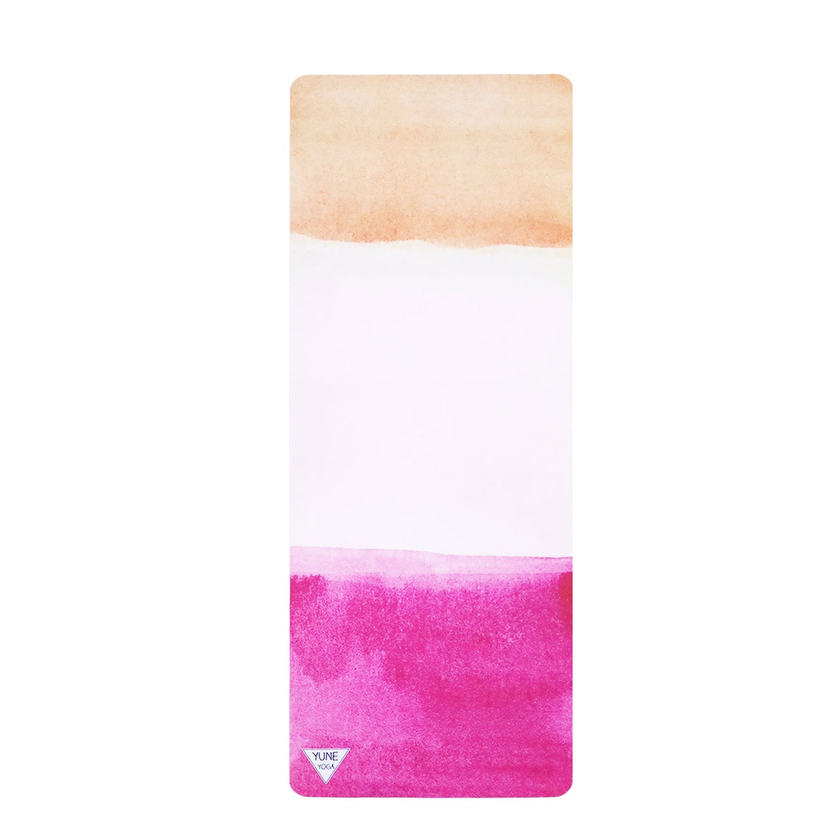 Vertical view of gradient suede yoga travel mat featuring peach at the top, white middle, and magenta bottom.