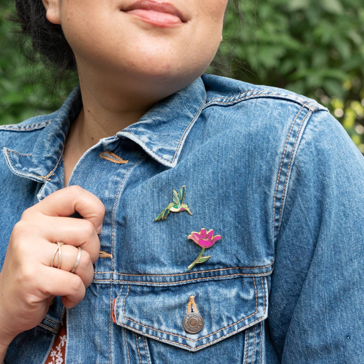 Hummingbird & Pink Lily Flower Pin Set