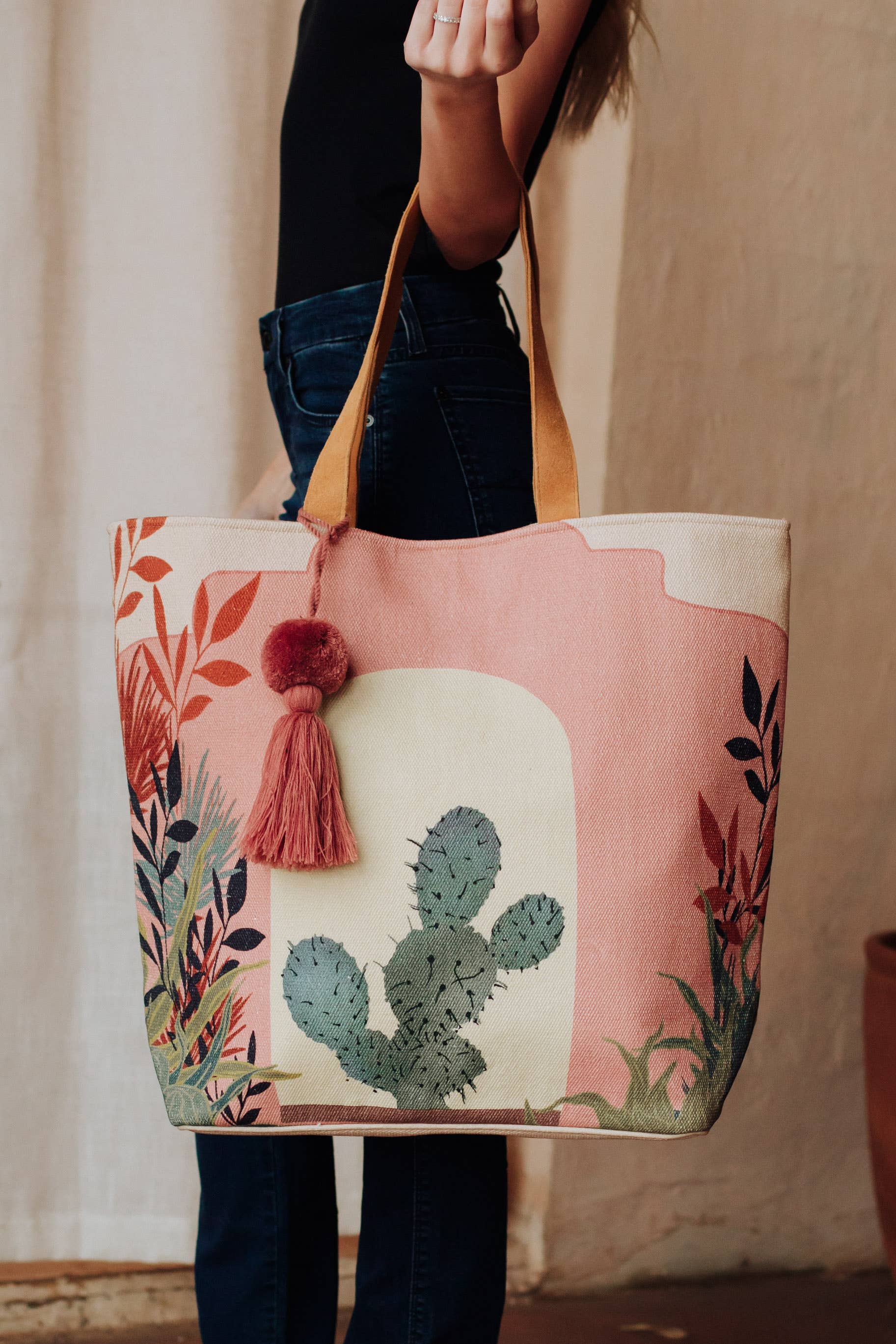 Pink Prickly Pear Cactus Landscape Tote