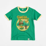Green Woodsy Owl youth T shirt with yellow trim and a forest scene plus Give a Hoot Don't Pollute slogan