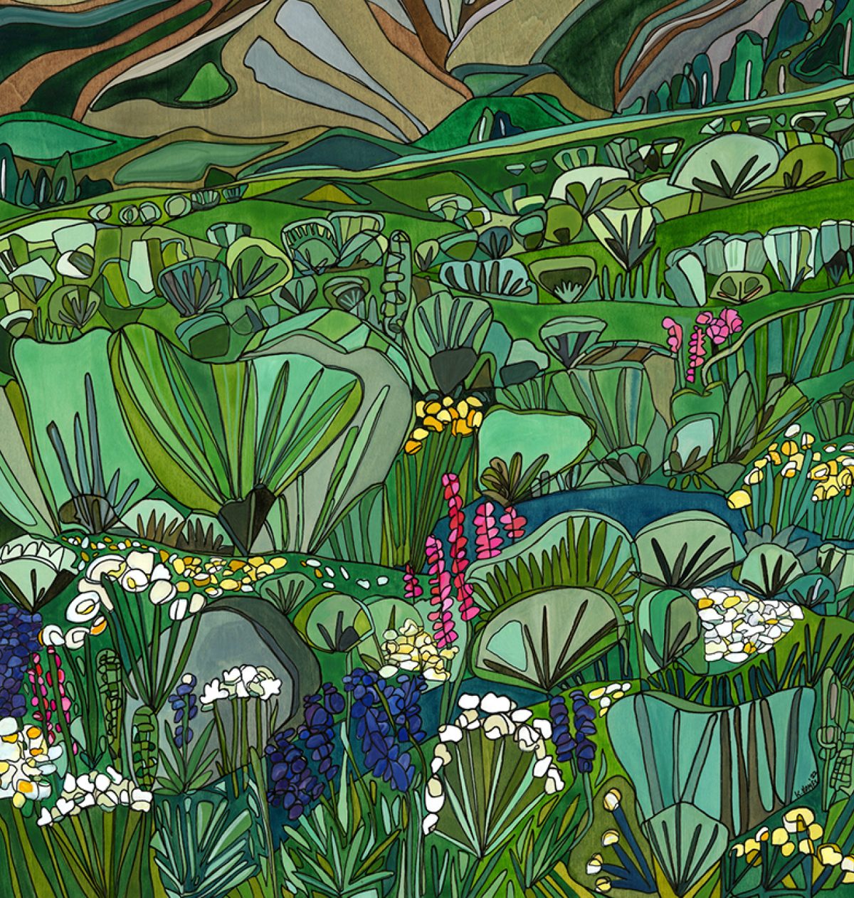 Colorful desert garden illustration filled with green succulents and blooming flowers