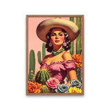 Glamorous woman in a wide hat surrounded by cacti and colorful flowers in a Flora Cowgirl art print.