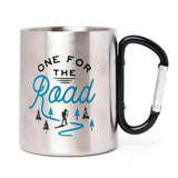 One for the Road stainless steel travel mug with a blue graphic of a hiker and pine trees.