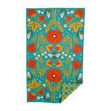 Garden Buzz kitchen towel close up with teal background showing red poppies white daisies and golden leaves with bees