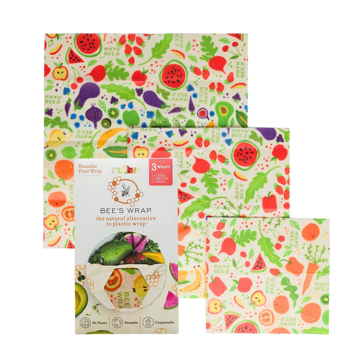 Bee's Wrap reusable food wraps in assorted sizes with a vibrant fruit and vegetable print.
