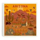 Arizona Scenery Geometric Ceramic Coaster featuring a warm desert landscape with cacti mountains and playful wildlife