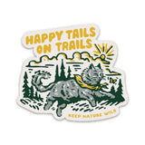 Happy Tails On Trails sticker with a gray dog running through a forest under a sun and Keep Nature Wild text.