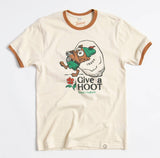 Cream colored Give a Hoot Ringer Tee with burnt orange trim showing the same front graphic and the words Give a HOOT Don't Pollute