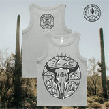 Two gray rib tank tops featuring a skull mountain graphic and logo against a desert background with cacti.