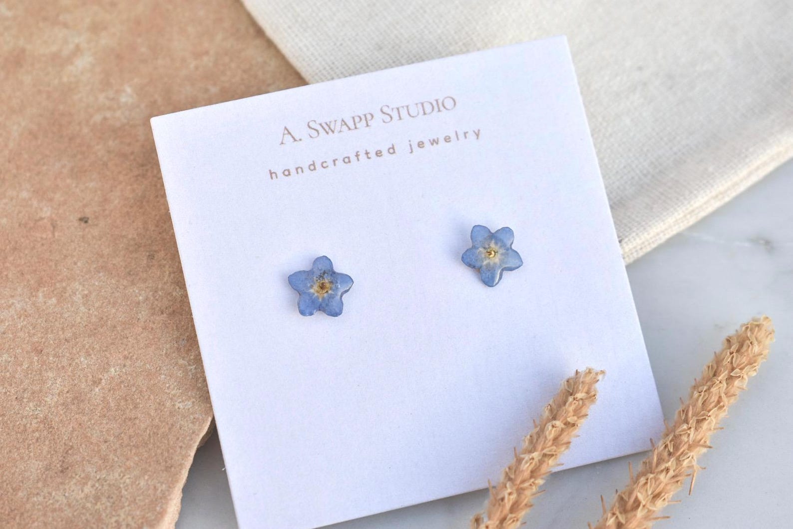 Real Forget Me Not Flower Handmade Stud Earrings