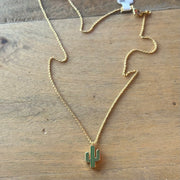 Gold Dipped Enameled Cactus Pendant Necklace