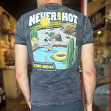 Back of a dark heather gray Never Too Hot tee featuring a large desert scene with sun and cacti and Iconic Arizona label