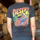 Back of dark T-shirt showing bold retro Desert Daze artwork with cacti and Iconic Arizona text.