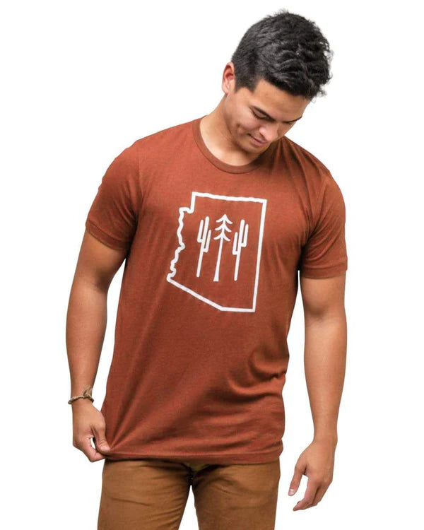 Rust red AZ Wilderness Tee with a white forest graphic on the chest.
