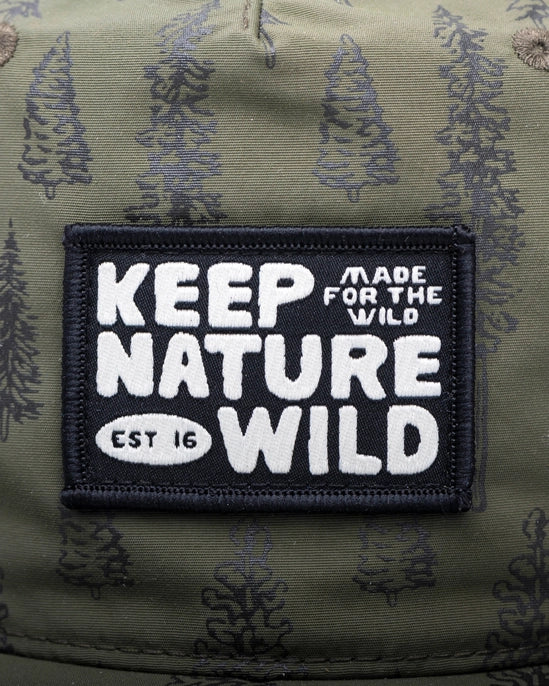Close-up of olive Conifers Trail Hat featuring a Keep Nature Wild patch