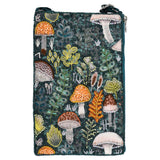Dark teal beaded club bag featuring a forest scene with mushrooms and foliage.