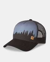 Juniper Altitude Trucker Hat with gradient blue front panel black forest silhouette and black mesh back