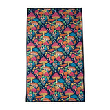 Navy kitchen towel covered in a dense colorful mushroom pattern on a dark background.