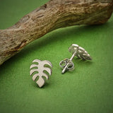 Monstera leaf stud earrings in recycled sterling silver displayed on a green backdrop with a wood branch