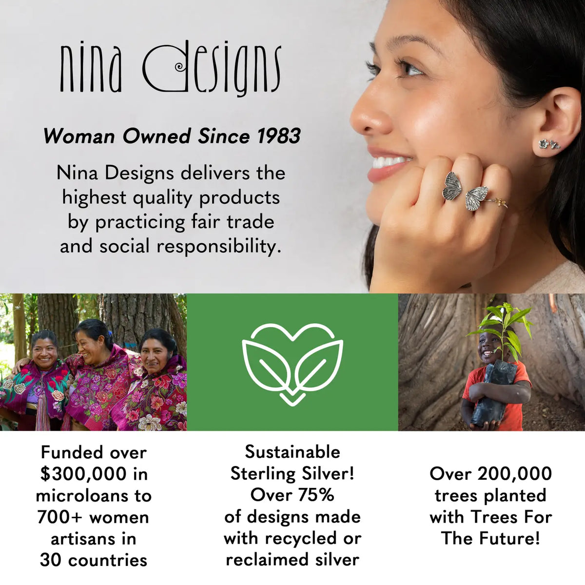 Model wearing Nina Designs silver scorpion earrings in a promotional collage