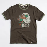 Dark olive Give a Hoot Ringer Tee with green trim featuring a cartoon owl tugging a trash bag and the text Give a HOOT Don't Pollute