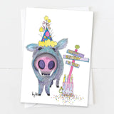 Colorful blue javelina wearing a party hat beside a birthday cake from Party Javelina Birthday Card.