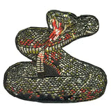 Embroidered rattlesnake patch with a coiled dark snake and open mouth for clothing