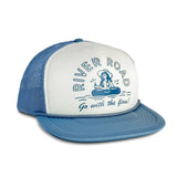 Go With the Flow foam trucker hat with white front panel blue mesh and brim and a front graphic