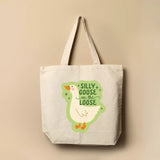 Cream tote bag featuring a cartoon goose and the words Silly Goose on the Loose.