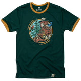 Smokey's Friends Ringer Tee in deep green with mustard trim and a circular forest scene featuring Smokey the Bear.